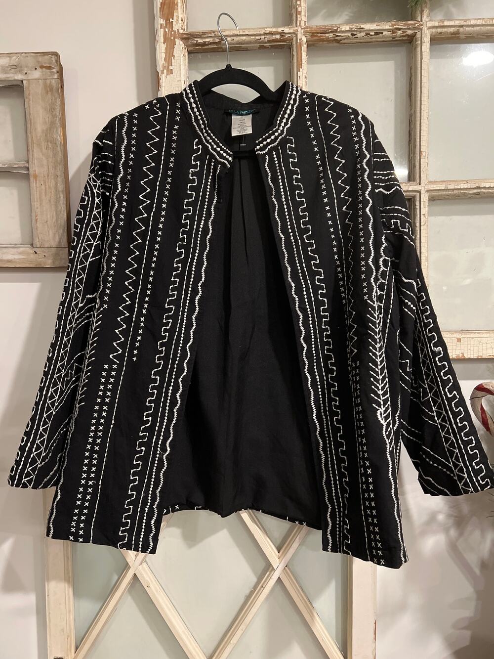 Ulla Popken size 12 14 black cotton jacket with white embroidery